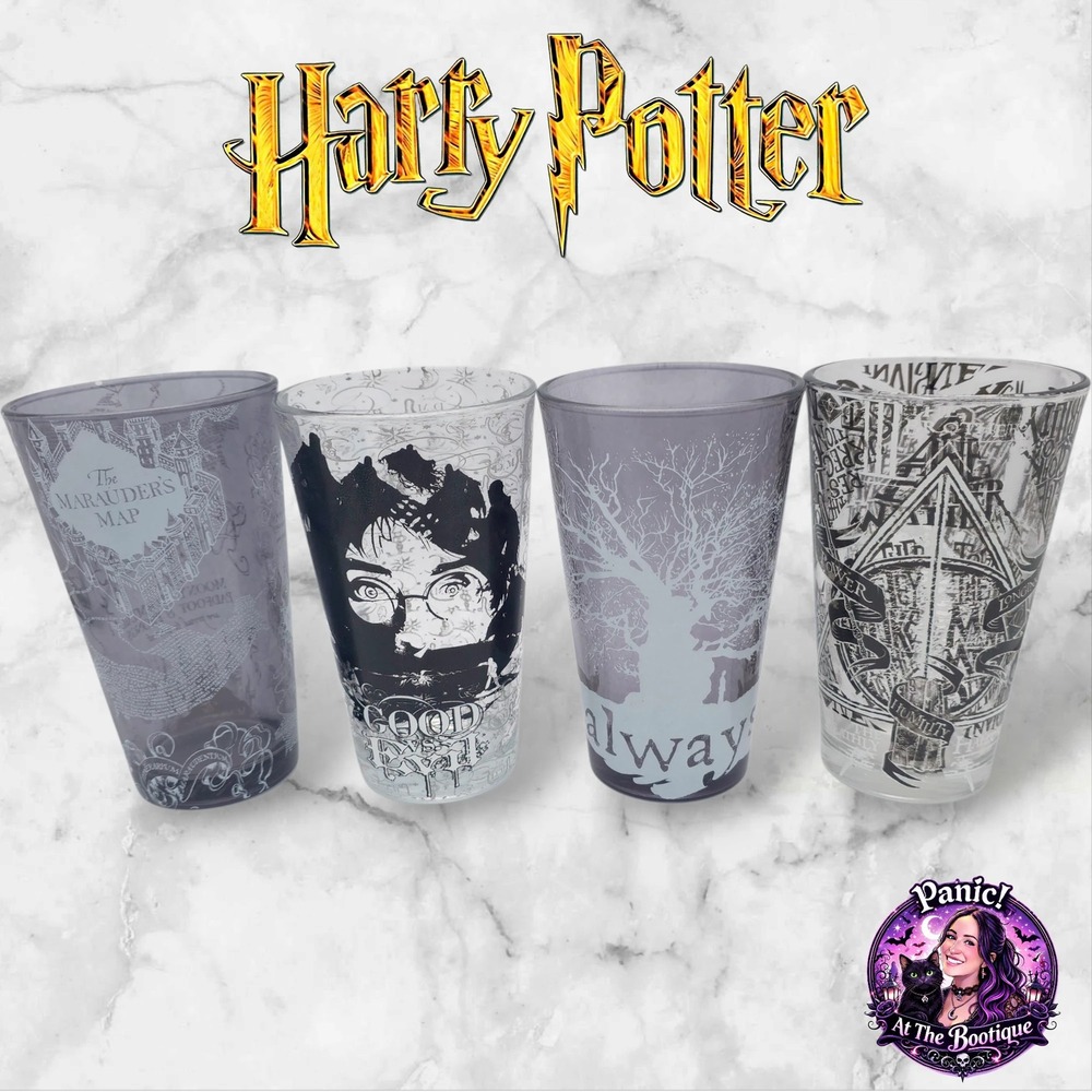Harry Potter Pint Glass Set 4pc 16oz. Marauder's Map Deathly Hallows Always Gift